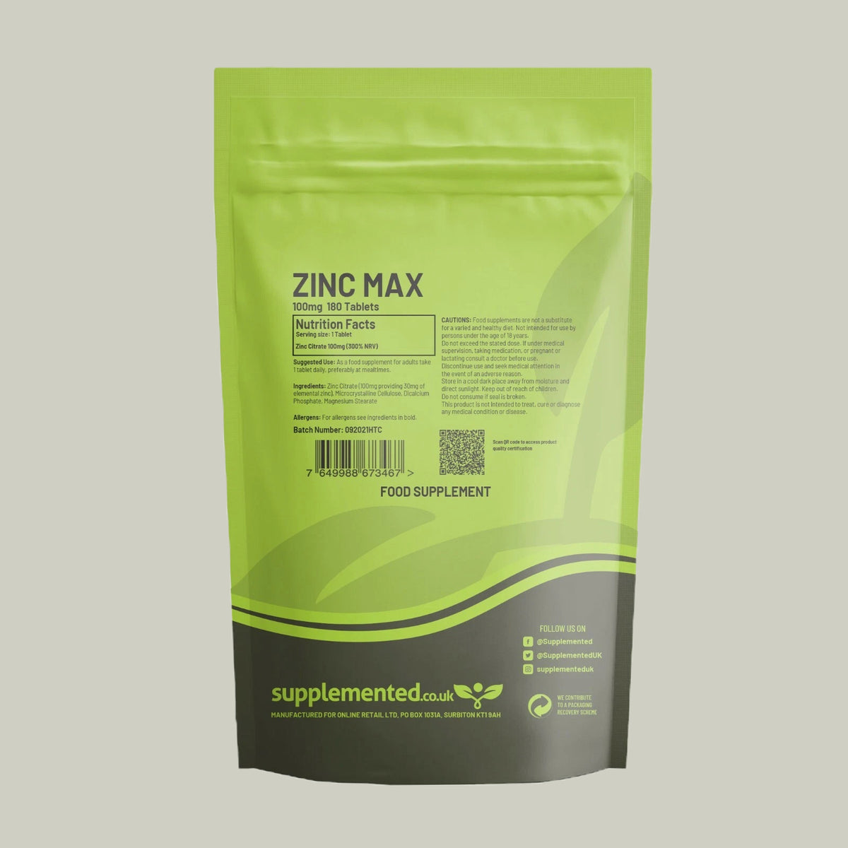 Zinc Max Strength 100Mg 180 Tablets Vegan Supplement Zinc Citrate Immune Support