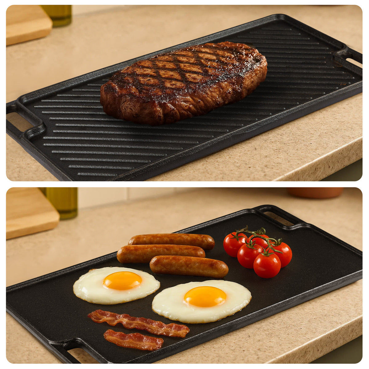 Cast Iron Griddle Pan Non-Stick Pre-Seasoned BBQ Grill Pan for Oven Safe