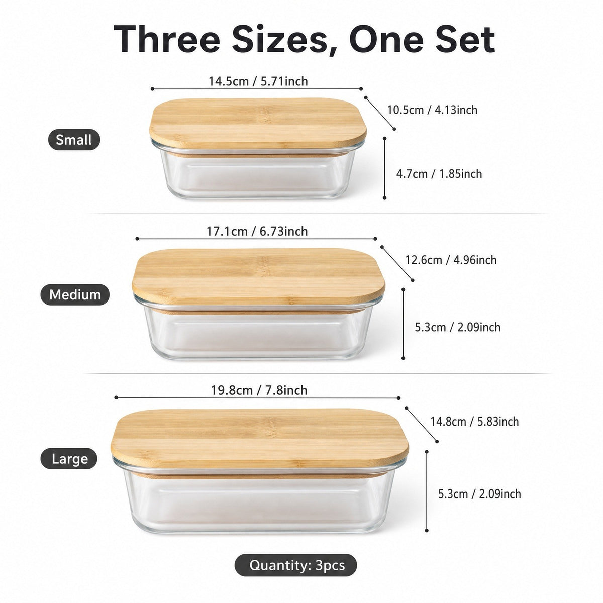 Glass Food Storage Containers Set with Bamboo Lids, 3 Pack Meal Prep Boxes