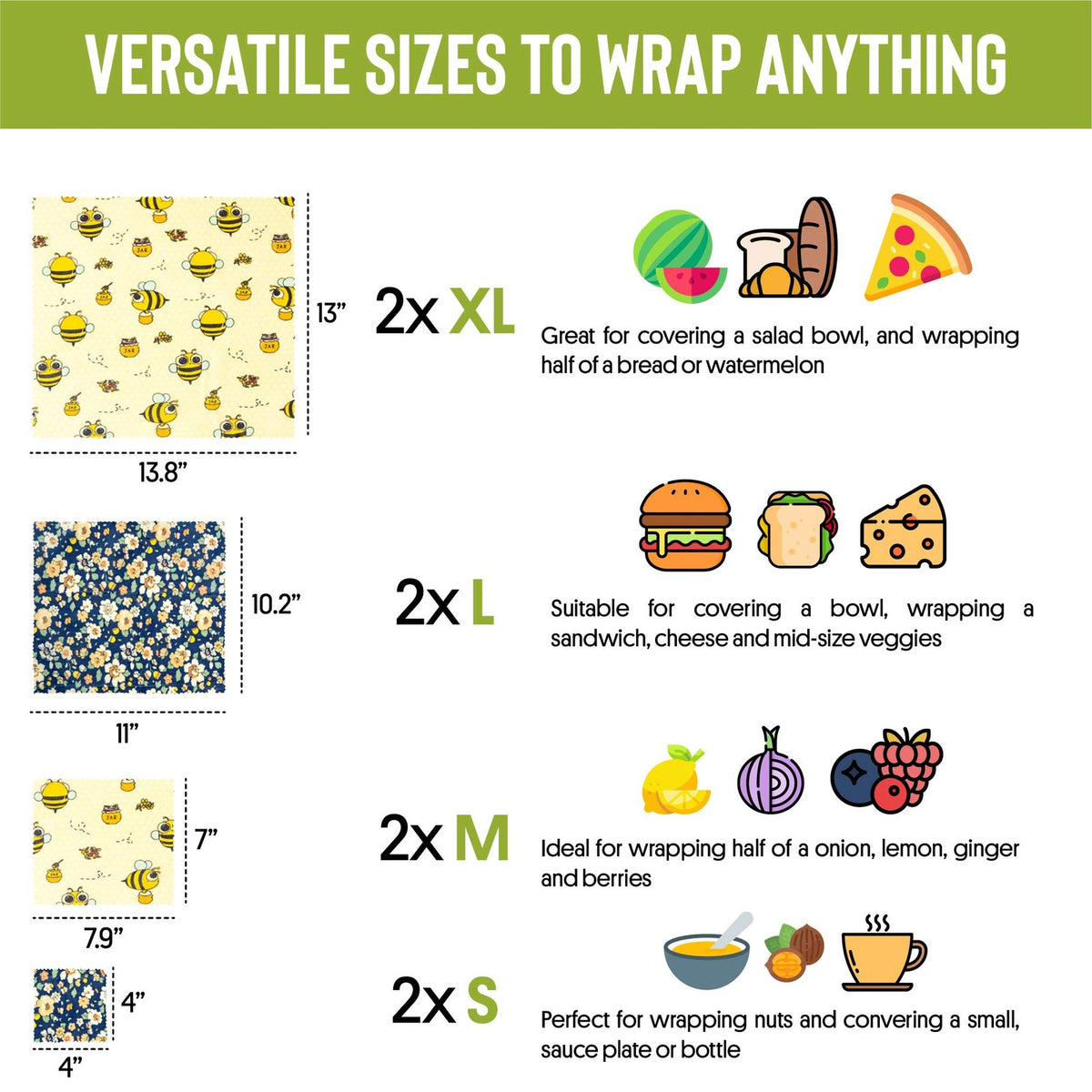 Beeswax Wraps Set of 8 | Eco-Friendly Reusable Food Storage Wraps | Organic