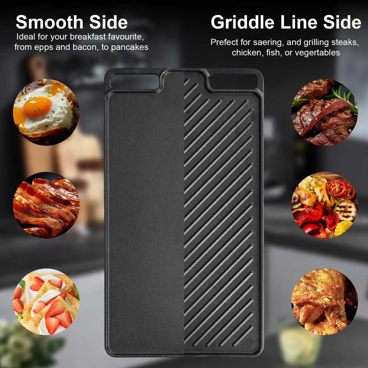 Cast Iron Griddle Pan Non-Stick Pre-Seasoned BBQ Grill Pan for Oven Safe