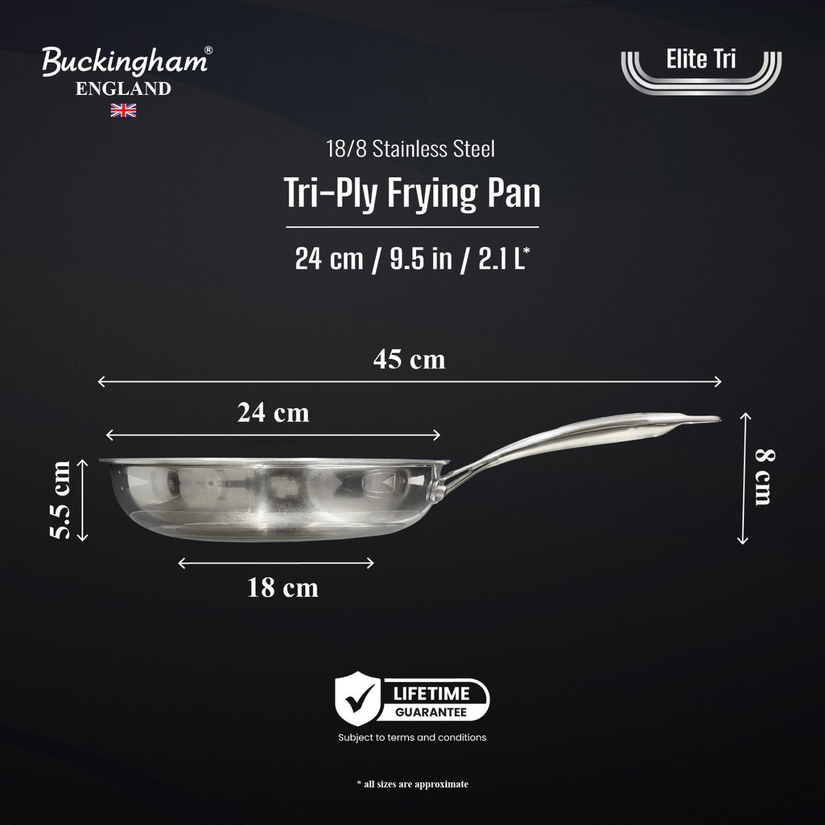 Buckingham Elite Tri-Ply 18/8 Stainless Steel Skillet Frying Pan Uncoated