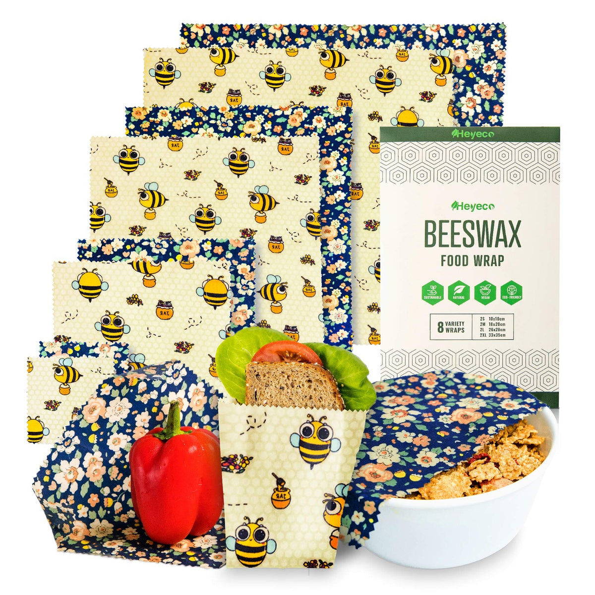 Beeswax Wraps Set of 8 | Eco-Friendly Reusable Food Storage Wraps | Organic