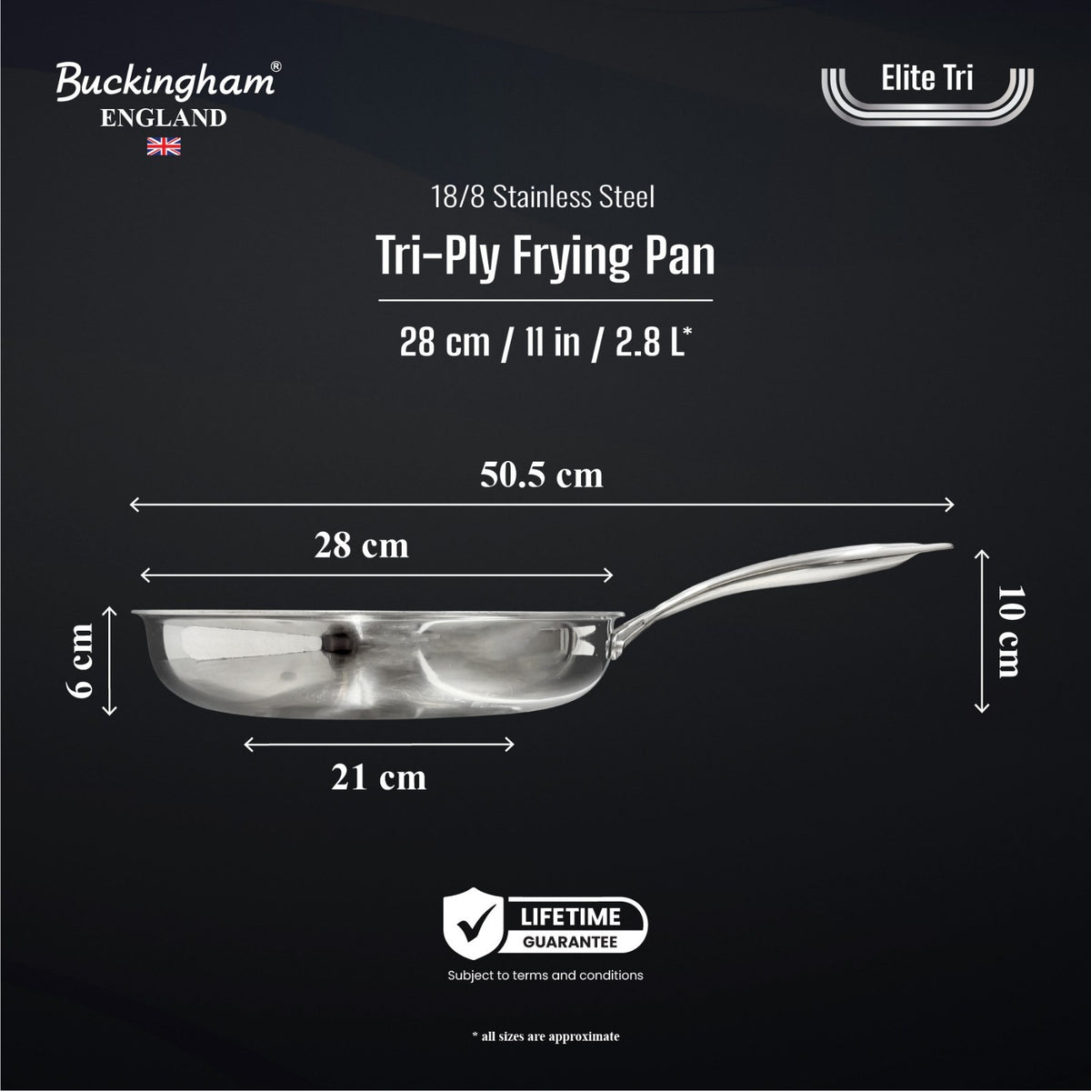 Buckingham Elite Tri-Ply 18/8 Stainless Steel Skillet Frying Pan Uncoated