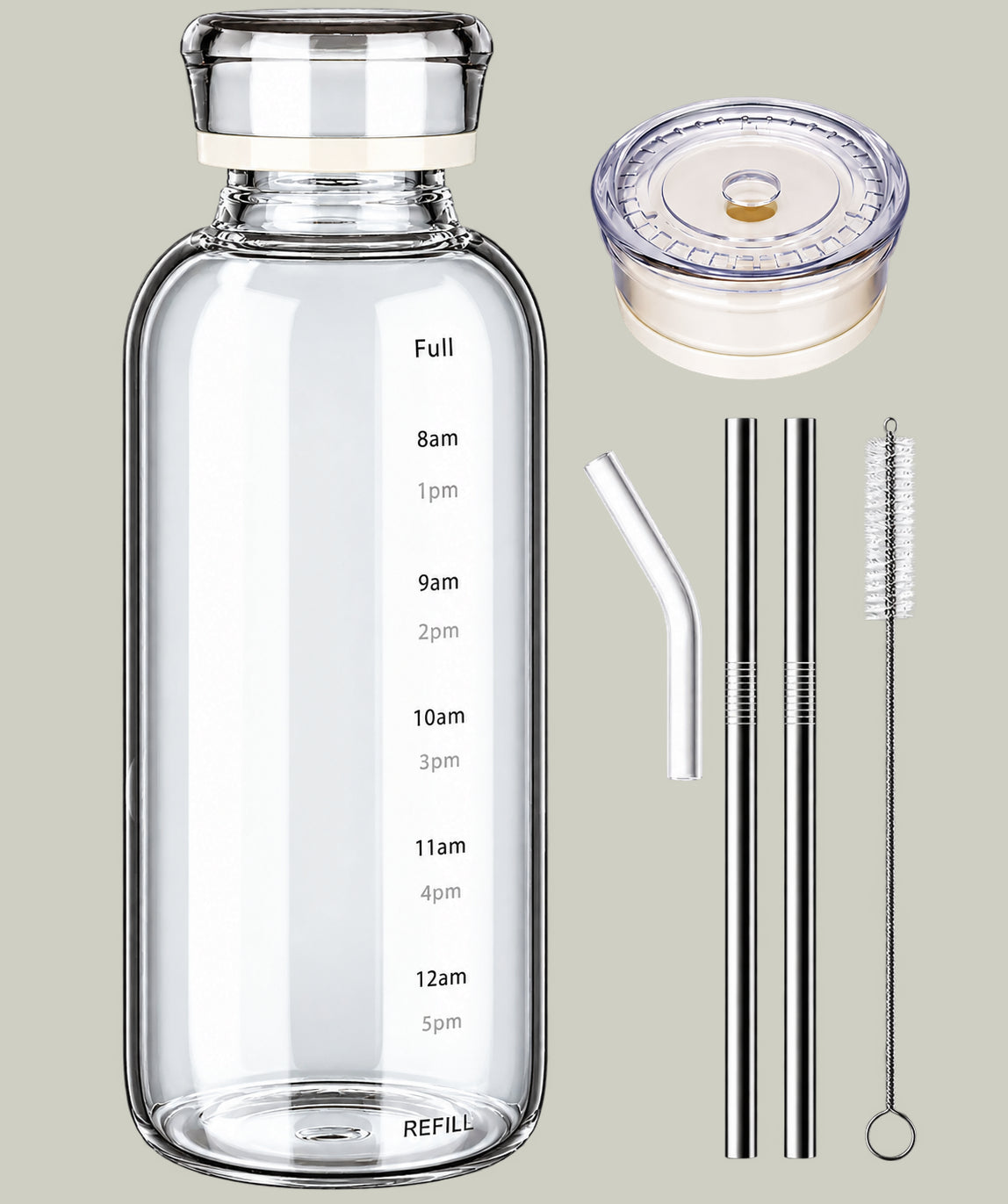 750ml Borosilicate Glass Water Bottle with Dual Lids & Stainless Steel Straw