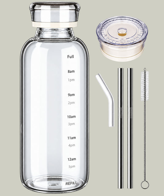 750ml Borosilicate Glass Water Bottle with Dual Lids & Stainless Steel Straw