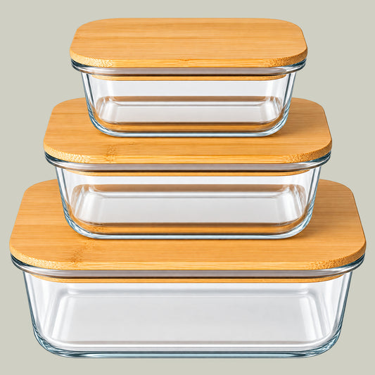 3-Piece Borosilicate Glass Food Container Set with Bamboo Lids