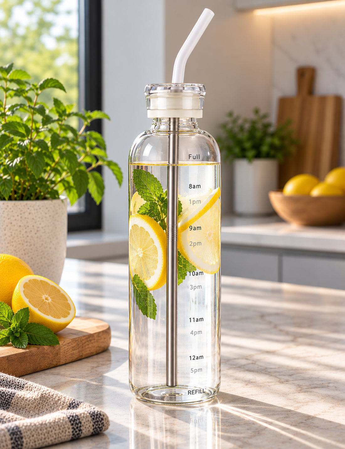 750ml Borosilicate Glass Water Bottle with Dual Lids & Stainless Steel Straw