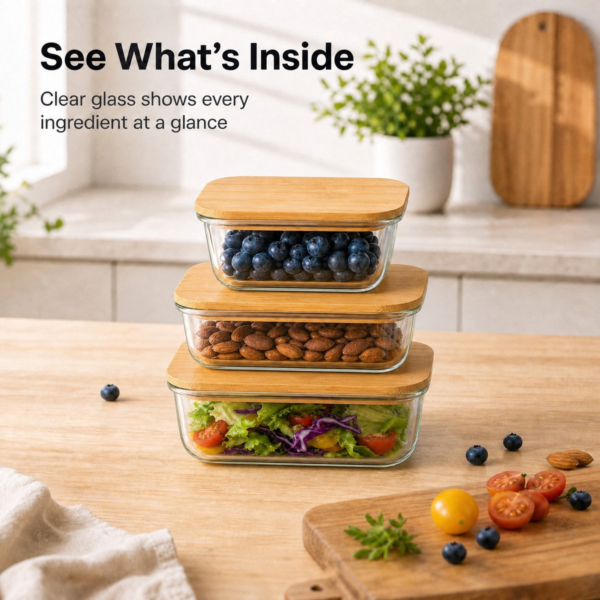 Glass Food Storage Containers Set with Bamboo Lids, 3 Pack Meal Prep Boxes