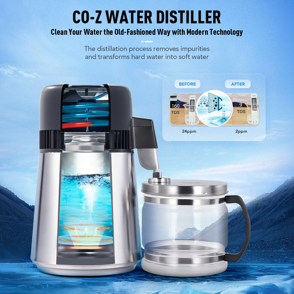 CO-Z 4L Stainless Steel Water Distiller Pure Water Filter Purifier Medical Labs