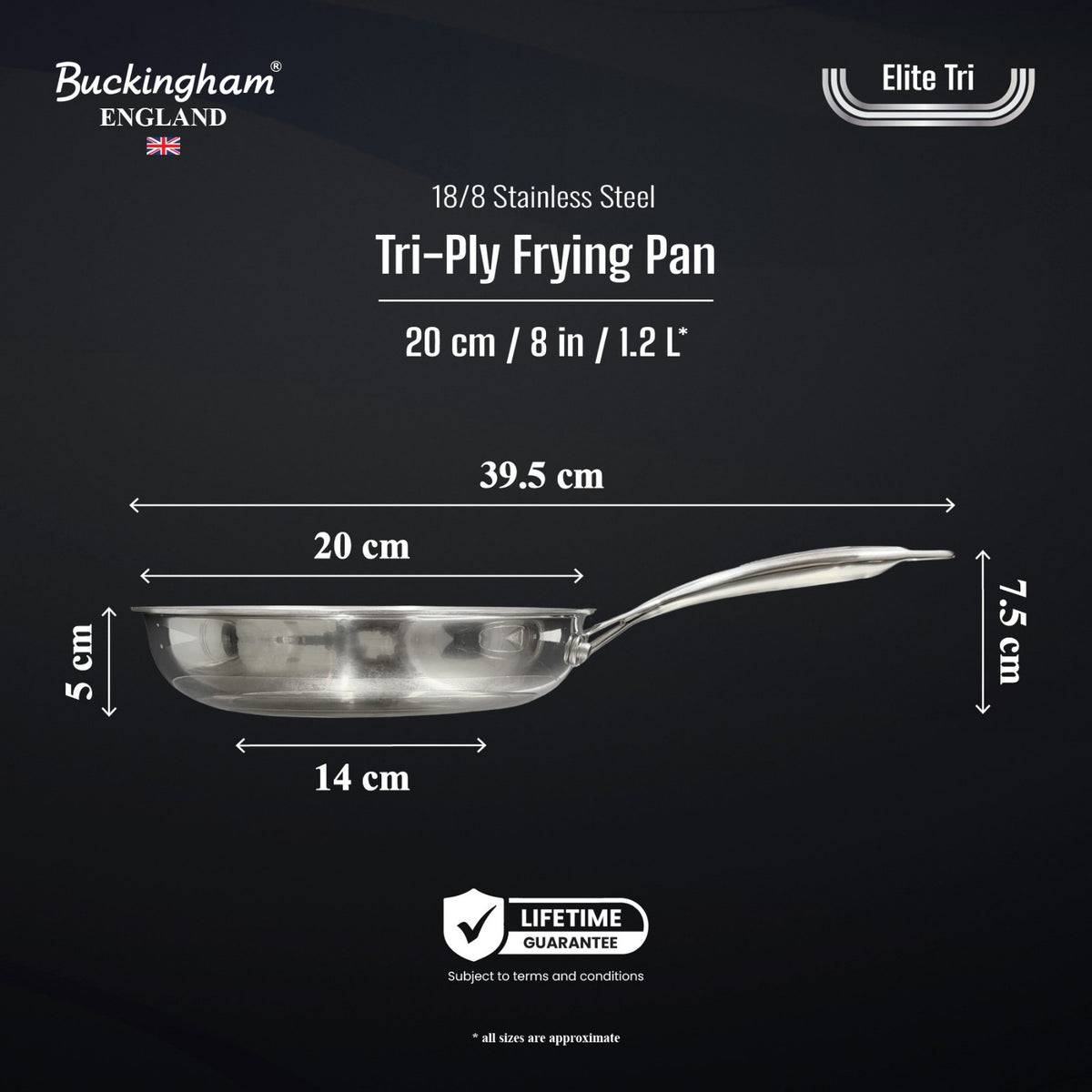 Buckingham Elite Tri-Ply 18/8 Stainless Steel Skillet Frying Pan Uncoated